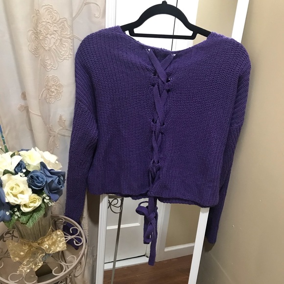 Forever 21 Ribbed Crop Lace Up Purple Sweater M - Picture 3 of 7